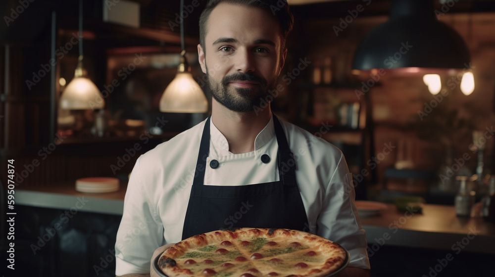 Pizzaiolo presenting freshly cooked pizza. AI
