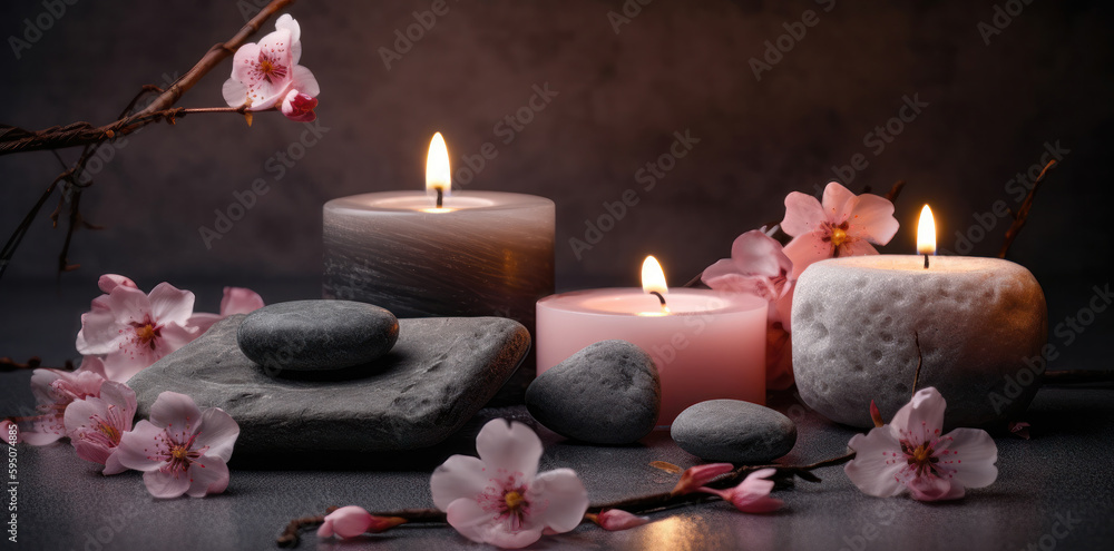 Tranquil Yoga Stones and Candles with Cherry Blossom Backdrop. Generative Ai Tranquil Yoga Stones and Candles with Cherry Blossom Backdrop. Generative Ai