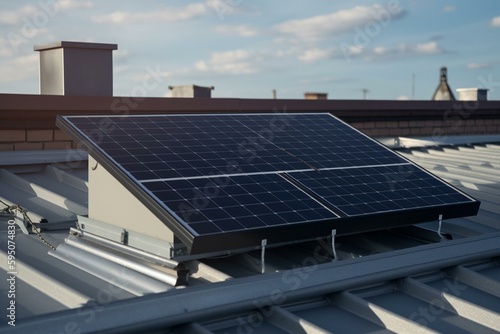 a solar panel on the roof of a building with blue sky in the background. generative ai