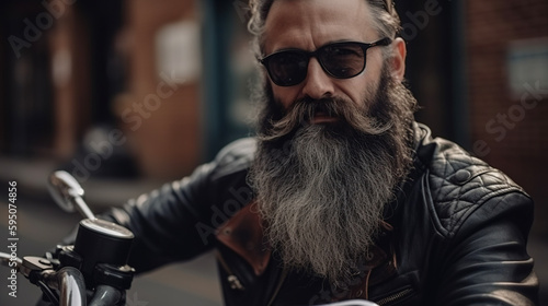 Bearded biker portrait. AI
