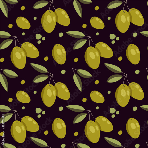 Vector seamless pattern with green olives on dark. Background design for olive oil, natural cosmetics.