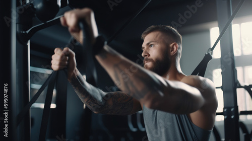Strong athlete man person exercising in the gym. AI © Oleksandr Blishch