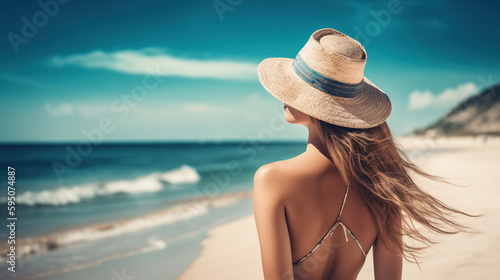 Woman on the beach, vacation concept. AI