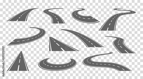 Street road path, highway in perspective. Winding pathway lane, straight way to horizon, asphalt speedway. City autobahn kit, creator parts. Crossroad constructor. Vector current design set