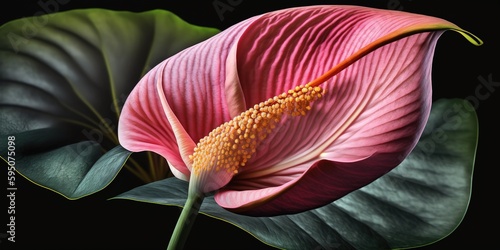 A close-up of a single, gorgeous anthurium flower in full bloom, pink. Generative AI photo