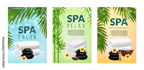 Realistic spa posters. Salon wellness. Realistic towel and massage stones. Relaxing aromatherapy layout for bath with wrap. Skin care and healthcare. Vector beauty banners design set
