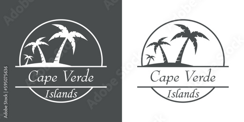 Destino de vacaciones. Logo aislado con texto manuscrito Cape Verde islands con silueta de isla con la palma en círculo lineal