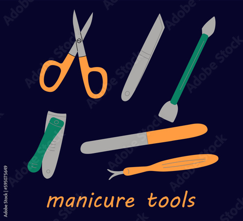 Manicure tools. Scissors and nail files, scraper and nippers. Accessories for beauty salon. Icons set. Social media post. Stickers collection. Hand drawn cartoon flat vector illustration