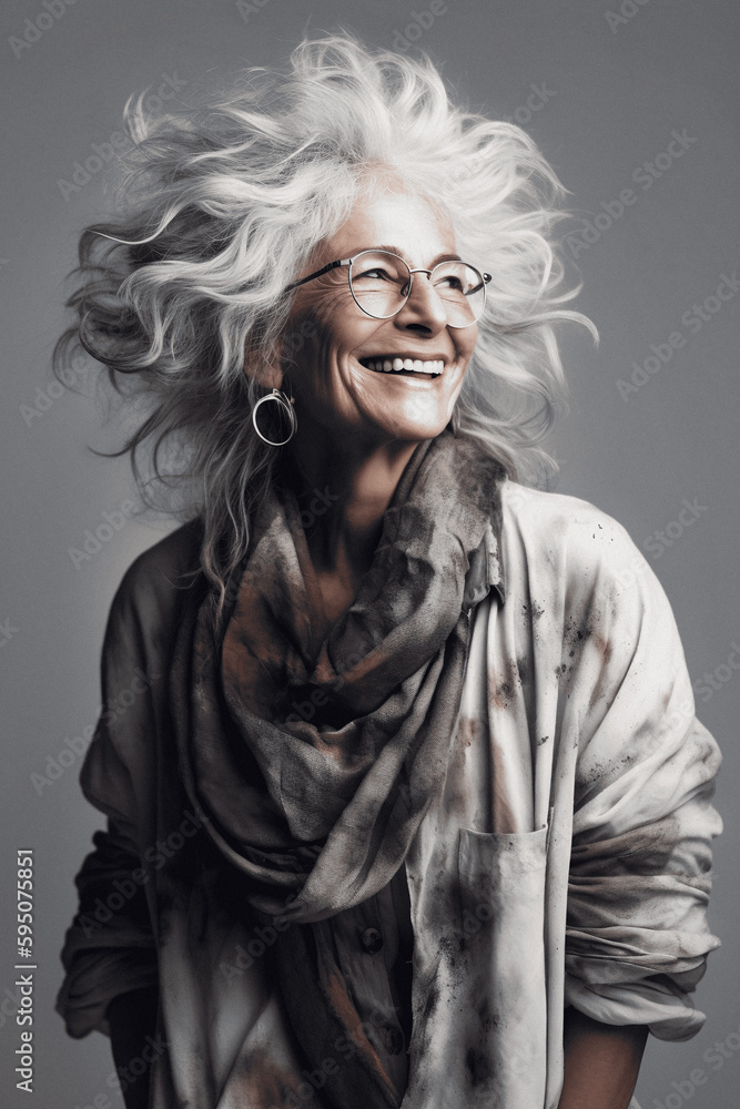 Studio portrait of a smiling woman with silver messy hair, ai generative Studio portrait of a smiling woman with silver messy hair, ai generative