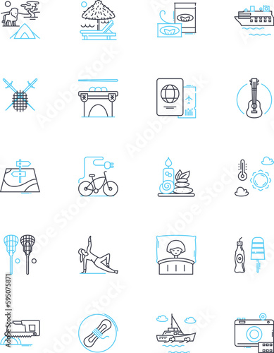 Amusement trade linear icons set. Theme, Funhouse, Rides, Kiddie, Arcade, Adventure, Carnival line vector and concept signs. Bumper,Carousel,Slides outline illustrations