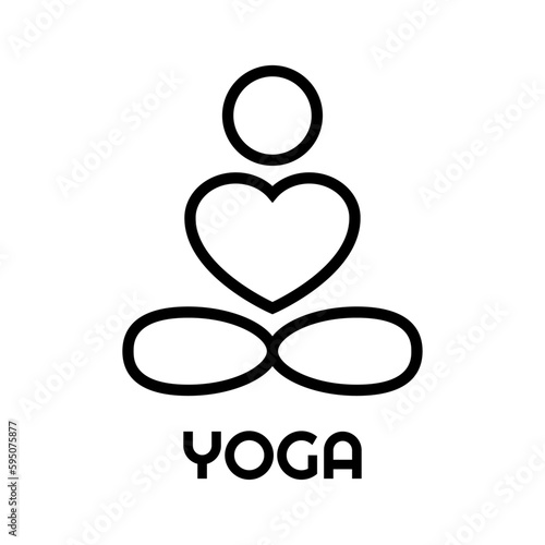 Logo i love yoga. Icono lineal de silueta de persona sentada practicando la posición del loto de yoga con corazón y símbolo infinito