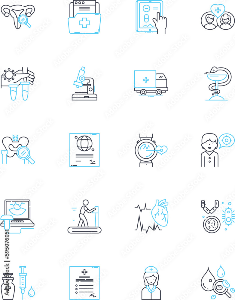 Fototapeta premium Medical center linear icons set. Clinic, Hospital, Pharmacy, Laboratory, Emergency, Rehabilitation, Radiology line vector and concept signs. Surgery,Pediatrics,Neurology outline illustrations