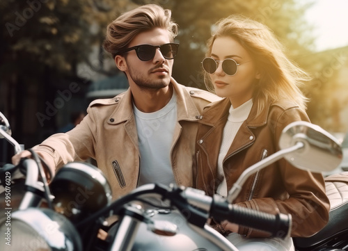 Couple in love near with a custom motorcycle. Handsome guy and beautiful young woman travel. Generative AI © bluebeat76