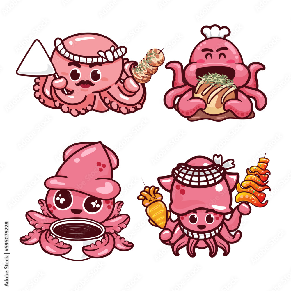 Fototapeta premium Collection of squid cartoon cute isolated on white background. Vector illustration.