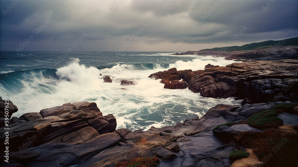 Rocky Shoreline with Crashing Waves in Dramatic Stormy Lighting - generative AI