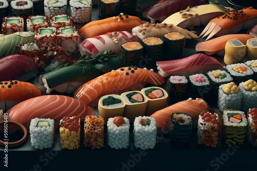 sushi bar with a huge variety of sushi, maki and sashimi, perfect for Japanese food backgrounds, generative AI