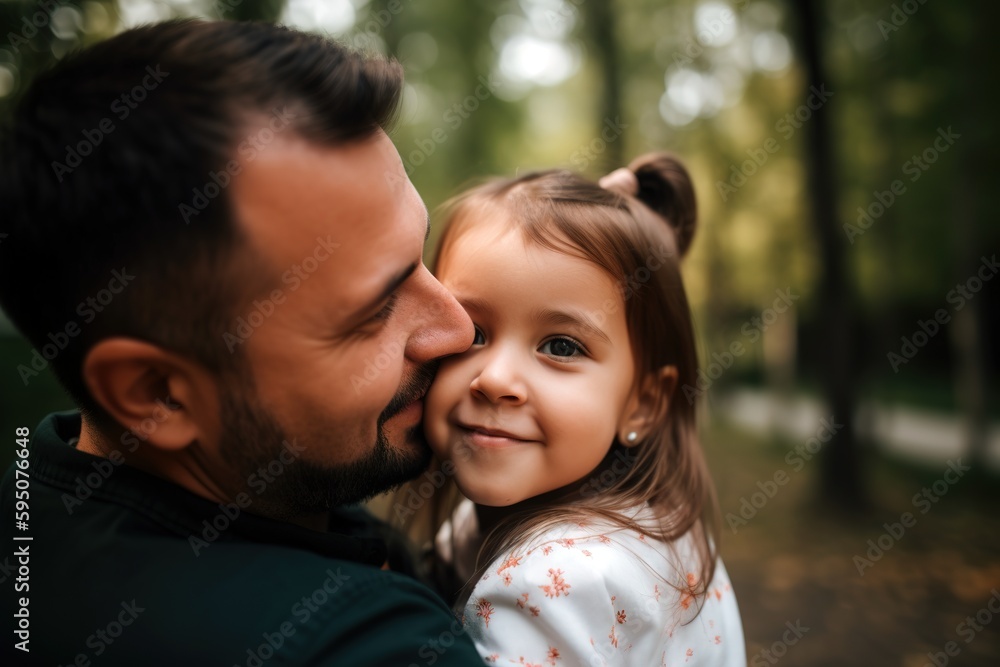 Dad kissing her little daughter while going for a walk in the park. Generative AI Dad kissing her little daughter while going for a walk in the park. Generative AI
