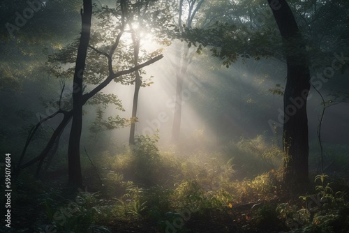 Forest in the Late Afternoon with Fog. Generative AI