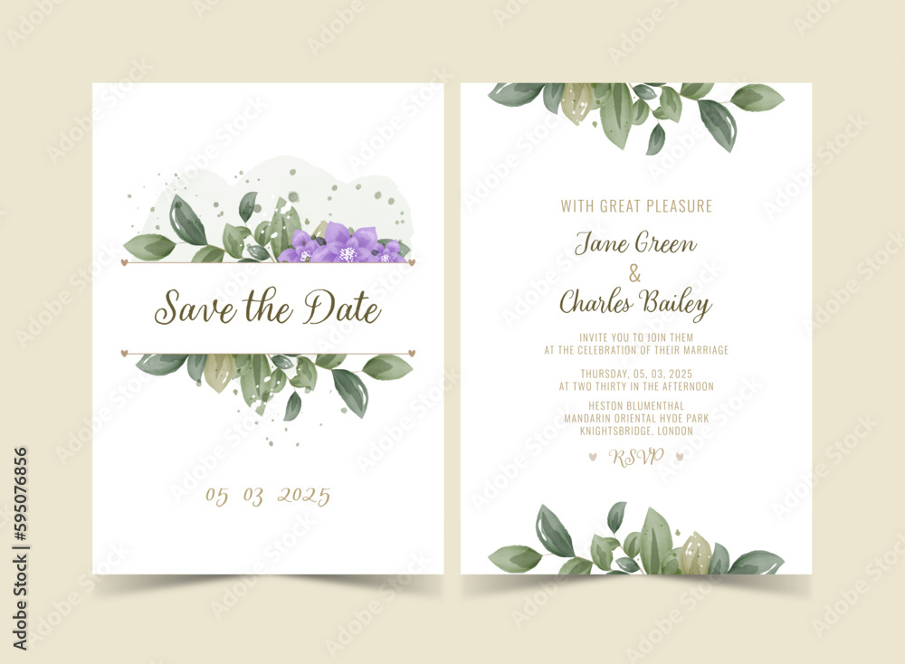 Wedding card invitation, design in rustic style with greenery watercolor floral template
