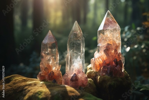 Quartz gemstones towers on mysterious forest natural background. minerals for esoteric Magic crystal Ritual, Witchcraft, spiritual practice. reiki healing therapy for life balance,. Generative AI
