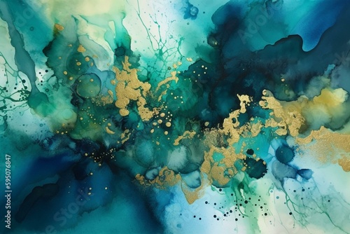 Blue and green abstract watercolor with gold glitter. Generative AI