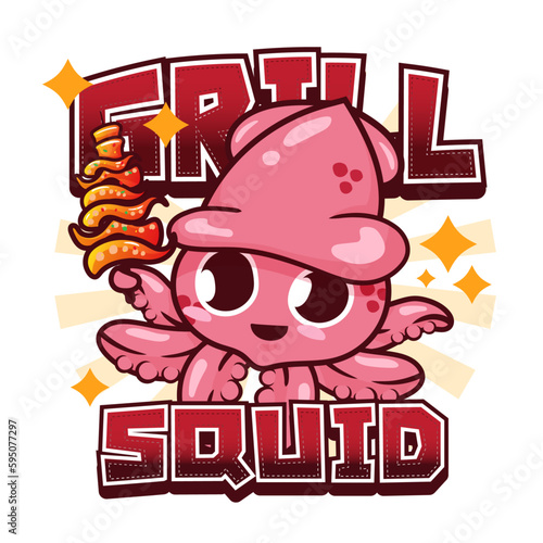 Grill squid logo template . Vector illustration.