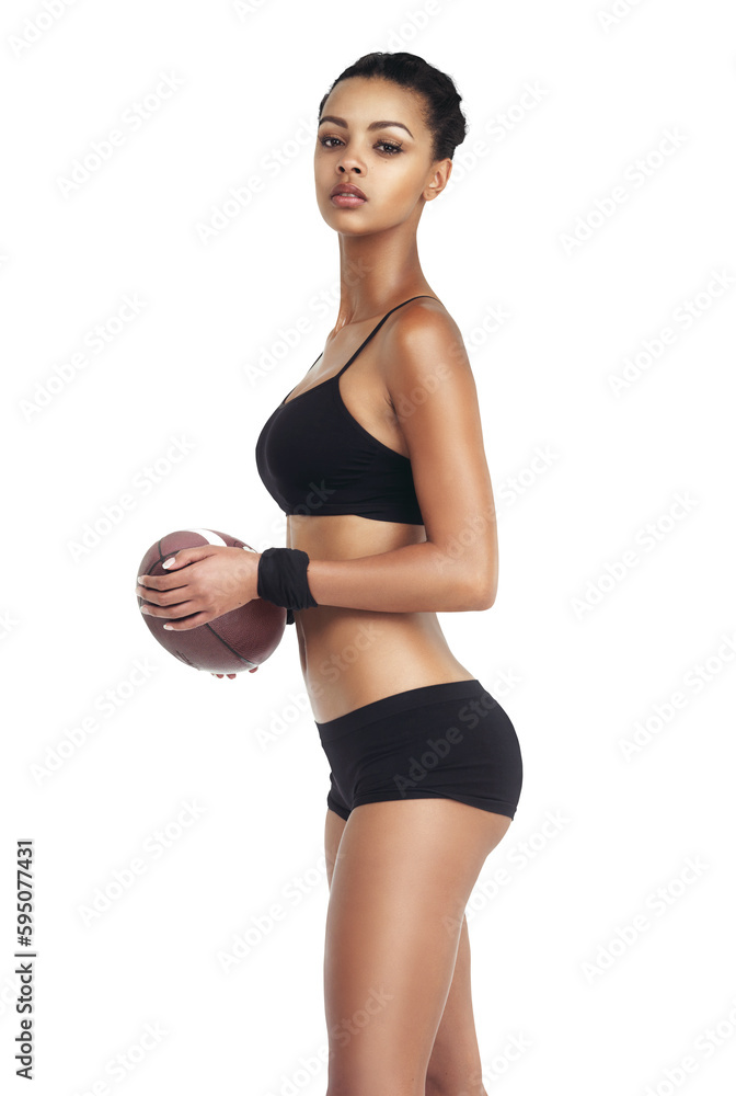 Portrait, american football and a sports woman isolated on a transparent background for serious competition. PNG, fitness and training with a confident female athlete holding a ball in challenge Portrait, american football and a sports woman isolated on a transparent background for serious competition. PNG, fitness and training with a confident female athlete holding a ball in challenge