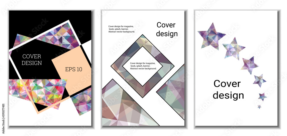 Cover design. Set of 3 covers. Imitation of crumpled paper. Unusual bright abstract background for magazine, book, splash, banner, vector. Imitation of crumpled paper