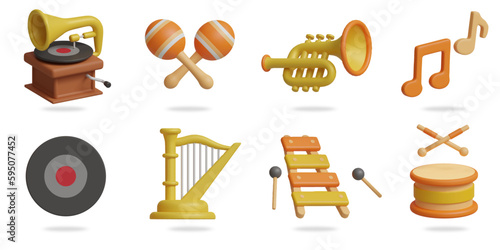music 3D vector icon set.
vintage gramophone,maracas,trumpet,music note,turntable,harp,xylophone,drum