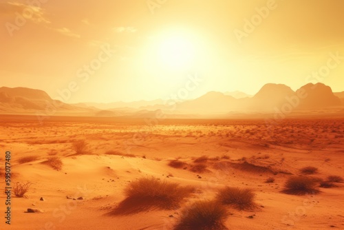 Sunset in the desert. Extreme heat  high temperature. Hazy orange sky. Global warming. Generative AI