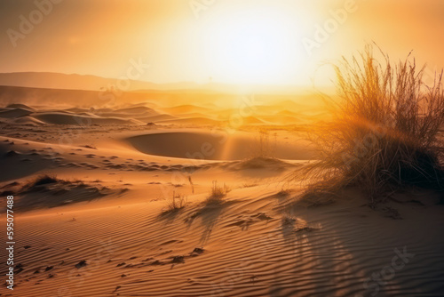 Sunset in the desert. Extreme heat, high temperature. Hazy orange sky. Global warming. Generative AI