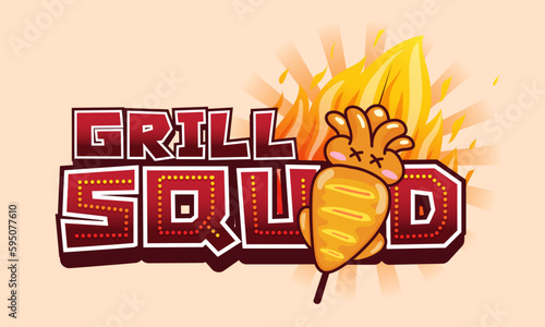 Grill squid logo template . Vector illustration.