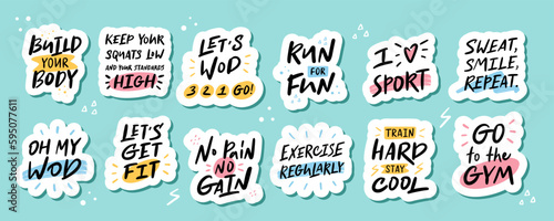 Set of stickers about sport. Vector modern calligraphy artwork. Concept for runner, fitness trainer, gym ad, bodybuilders, healthy life. Graphic for social media, business card, tee print.