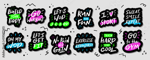 Set of stickers about sport. Vector modern calligraphy artwork. Concept for runner, fitness trainer, gym ad, bodybuilders, healthy life. Graphic for social media, business card, tee print.