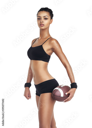 Portrait, american football and a woman athlete isolated on a transparent background for serious competition. PNG, fitness and workout with a confident sports person holding a ball in challenge