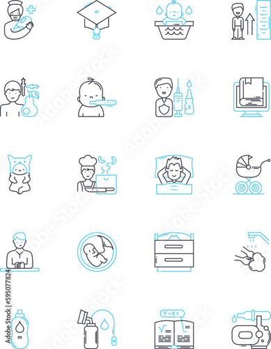 Infants linear icons set. Crying, Sleeping, Diapers, Milk, Coos, Pacifier, Snuggles line vector and concept signs. Burping,Swaddle,Colostrum outline illustrations