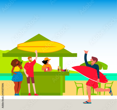 Vetor dinclusive daily life - Vector illustration of friends hanging out at a surf bar on the sunny tropical beach boardwalke amigos em bar de surfistas na praia