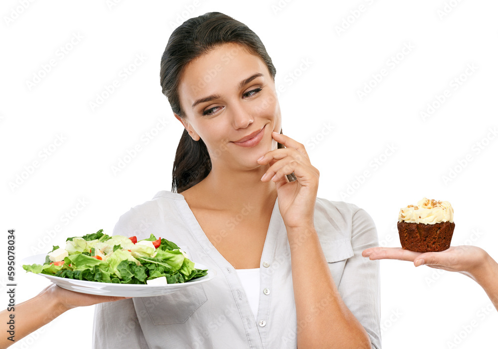 Thinking, decision and woman with salad and cupcake on isolated, png and transparent background. Nutrition, healthy eating and face of girl with food, cake and choice for diet, detox and wellness Thinking, decision and woman with salad and cupcake on isolated, png and transparent background. Nutrition, healthy eating and face of girl with food, cake and choice for diet, detox and wellness