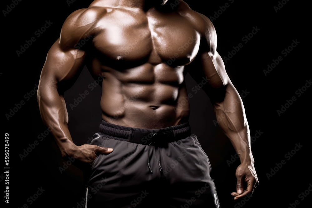 Muscular male torso on dark background. Generative AI - obrazy, fototapety, plakaty 