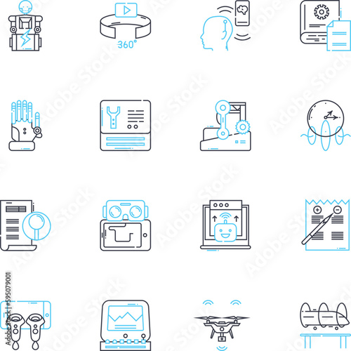 Digital fabrication linear icons set. Additive manufacturing, Robotics, Laser-cutting, D scanning, Material science, Rapid prototyping, CNC line vector and concept signs. D printing,Modeling,CAD
