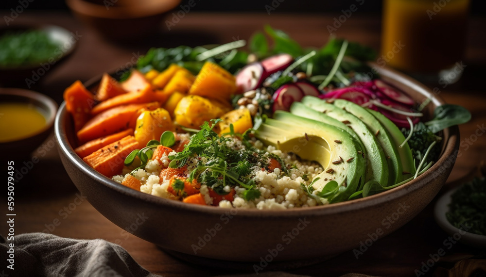 Fresh salad bowl with organic vegetables and quinoa generated by AI