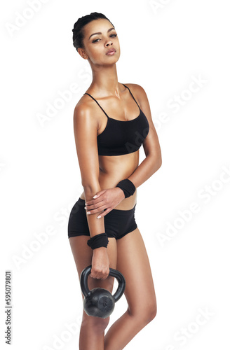 Body, woman or fitness portrait with kettlebell on isolated, png or transparent background. Serious, workout or sports personal trainer and heavy metal equipment, wellness or exercise training gear