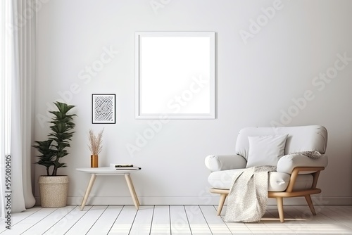 Blank picture frame in a minimalistic modern living room. Mockup Copyspace for Product/Art/Design placement created using generative AI tools