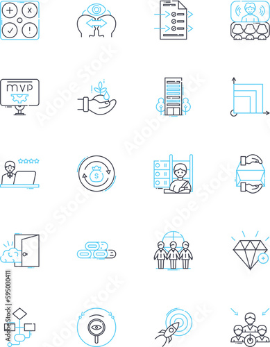 Brand unveiling linear icons set. Launch, Reveal, Debut, Introduction, Premire, Unveiling, Presentation line vector and concept signs. Exposition,Introduction,Embarkation outline illustrations photo