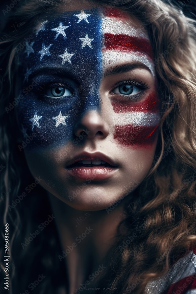 fan girl in the colors of the U.S. Flag of USA on his face and in the background. Generative ai fan girl in the colors of the U.S. Flag of USA on his face and in the background. Generative ai