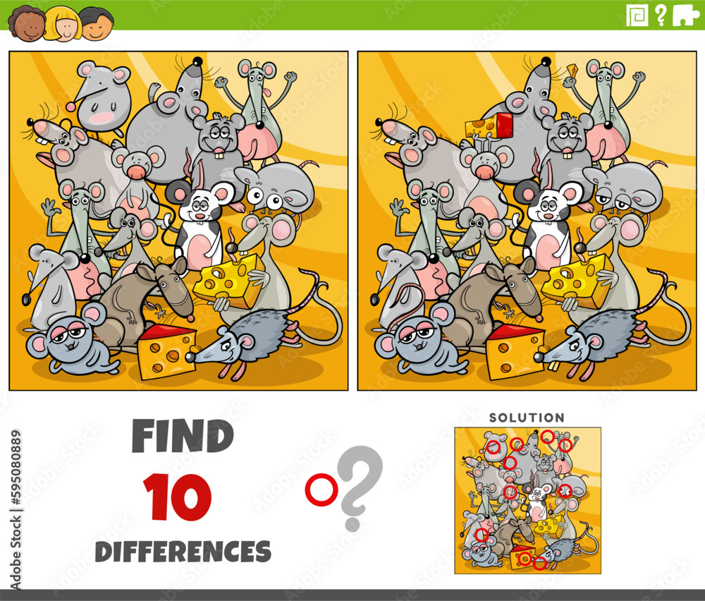 differences game with cartoon mice animal characters group