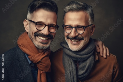 Two stylish gay men hugging and smiling. Generative ai