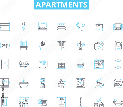 Apartments linear icons set. Homey  Cozy  Spacious  Luxurious  Stylish  Modern  Affordable line vector and concept signs. Gated High-rise Furnished outline illustrations