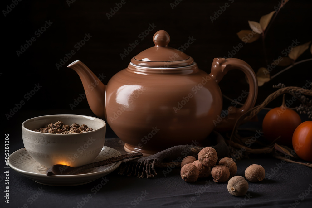 Kettle Filled with ashwagandha tea, and a small cup for pouring. ai generative