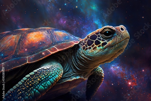 colorful turtle in space surrounded by nebulas galaxy   style of realistic hyper-detailed rendering  precisionist art animal portrait  generative ai